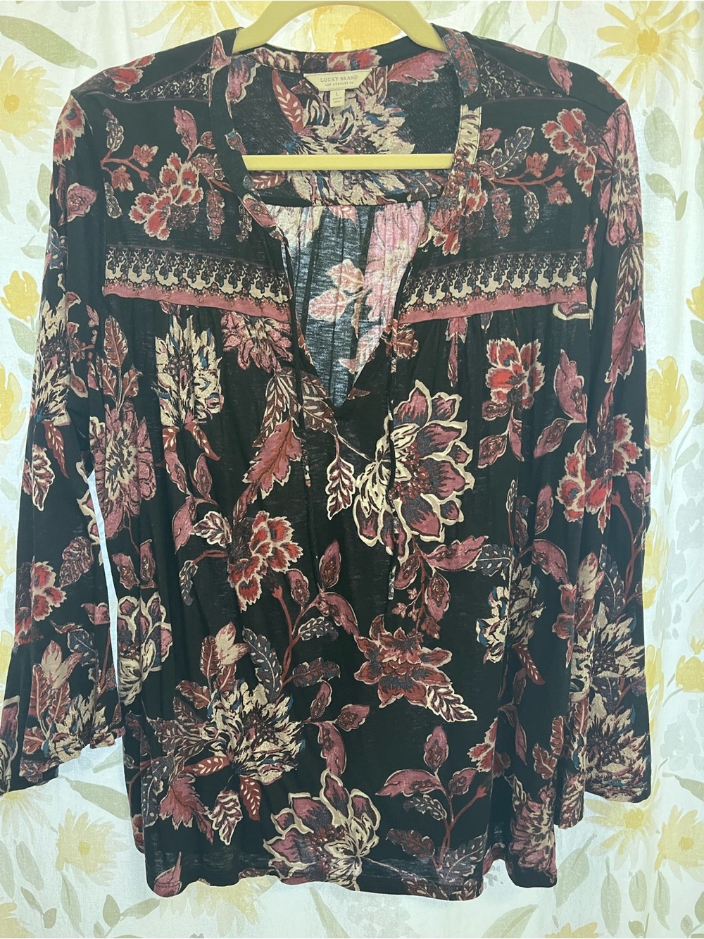 Lucky Brand Black Floral Tunic Top with Pink & Cream Accents